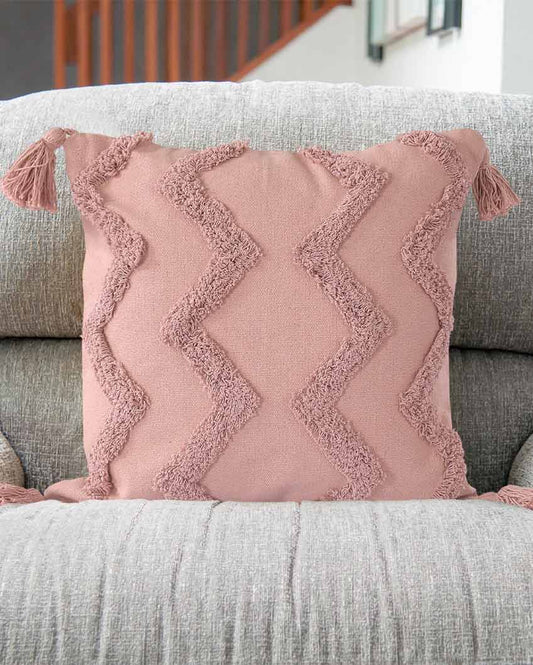 Chevron Tufted Tassels Cushion Cover | 18x18 inches Pink