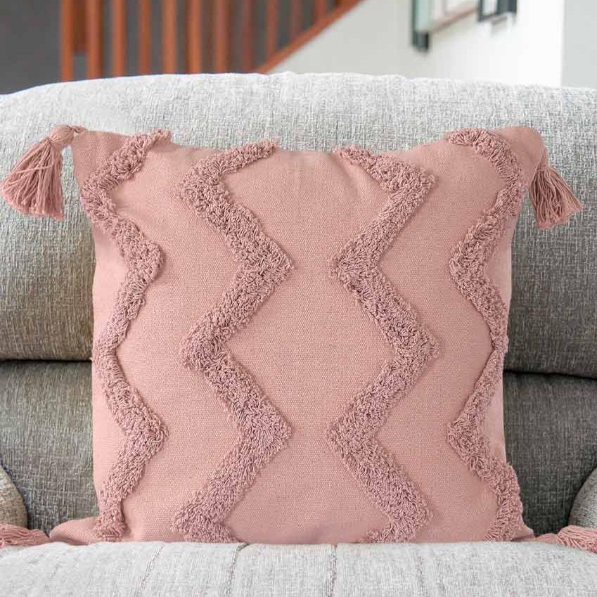 Chevron Tufted Tassels Cushion Cover | 18x18 inches Pink