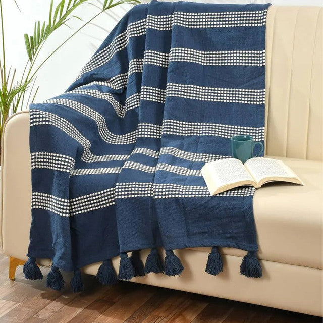 Navy Striped Cotton Throw | 59 x 49 inches