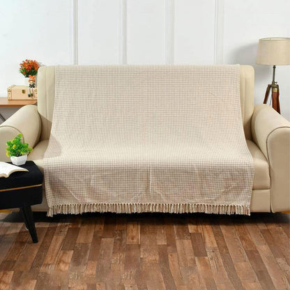 Beige Extra Fine Plaid Cotton Sofa Throw | 63 x 47 inches