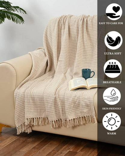 Beige Extra Fine Plaid Cotton Sofa Throw | 63 x 47 inches