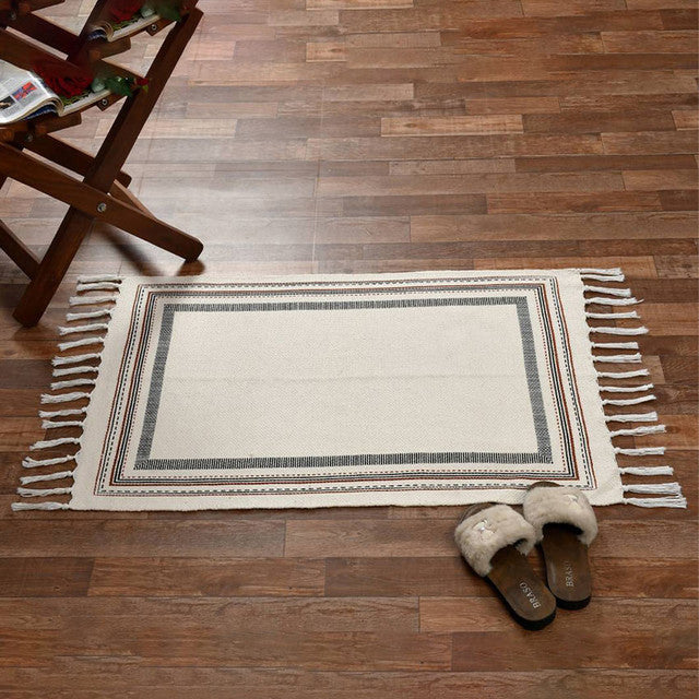 Square Bohemian Natural Tassel Cotton Rug | 35 x 24 inches