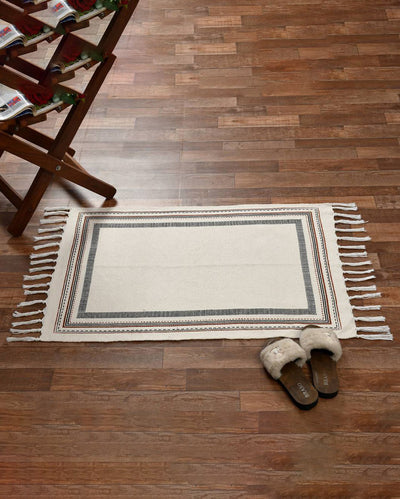 Square Bohemian Natural Tassel Cotton Rug | 35 x 24 inches