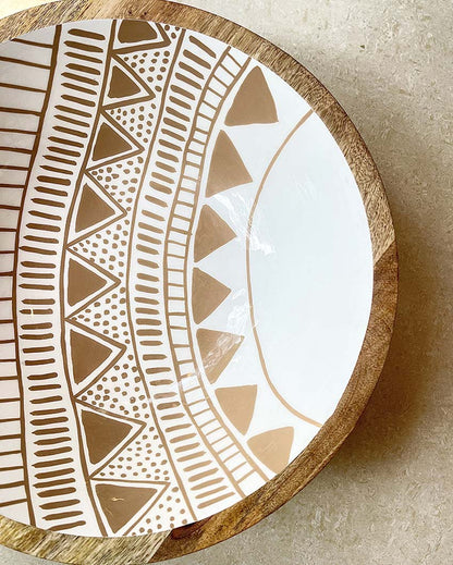 Artistic Aztec White Wooden Serving Bowl | 14 x 5 inches