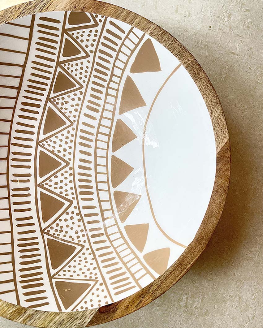 Artistic Aztec White Wooden Serving Bowl | 14 x 5 inches