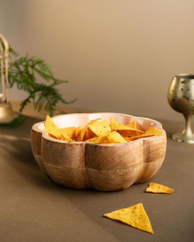 Elegant Blossom Wooden Serving Bowl with Enamel Interior | 8 x 3 inches