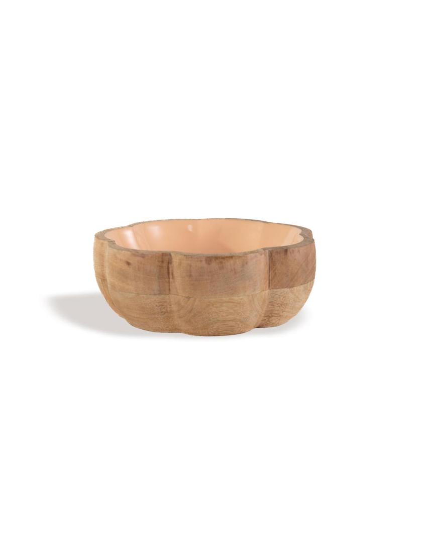 Elegant Blossom Wooden Serving Bowl with Enamel Interior | 8 x 3 inches