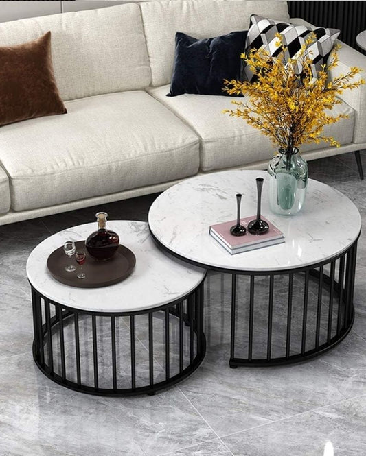 Black Cage Nesting Metal Table With White Wood Top | Set Of 2