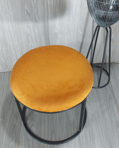 Black Round Luxary Ottoman Stool With Cushion Mustard