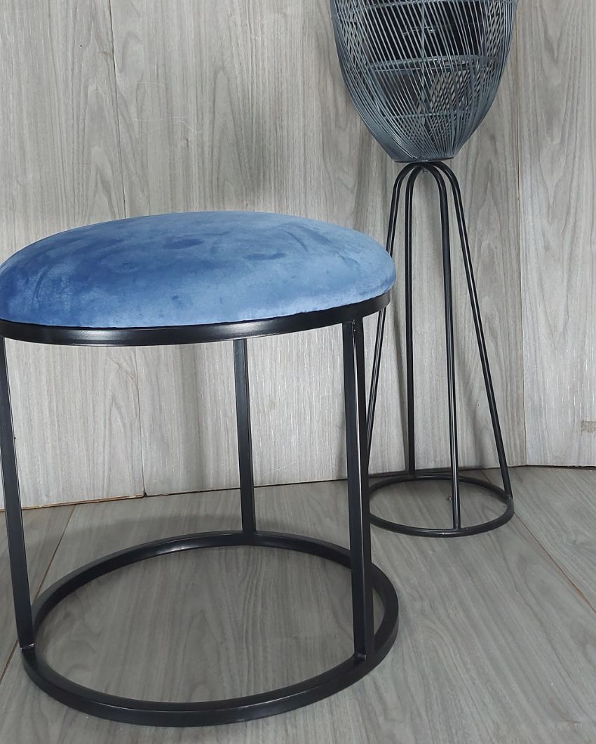 Black Round Luxary Ottoman Stool With Cushion Blue