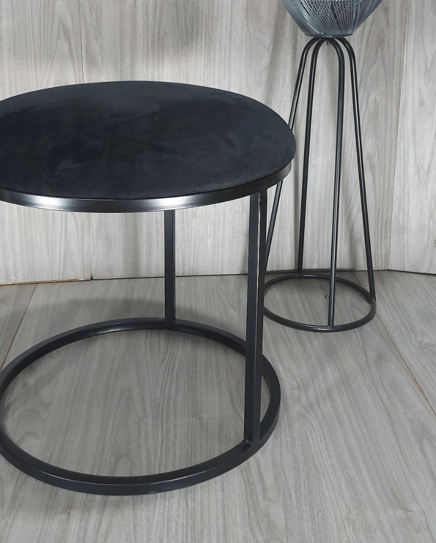 Black Round Luxary Ottoman Stool With Cushion Black