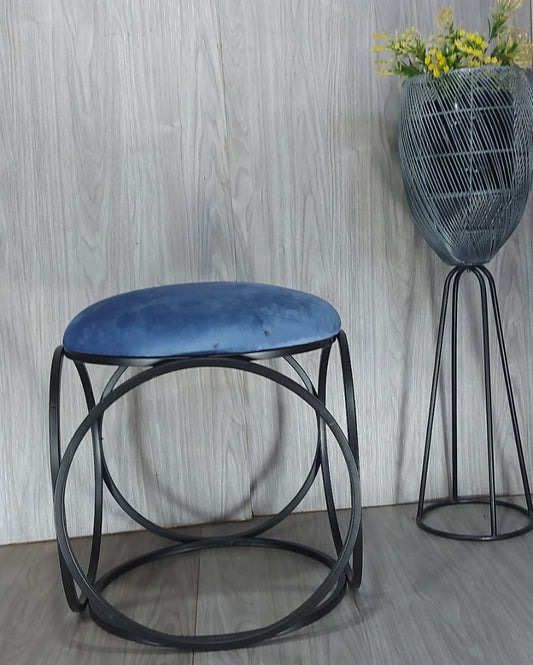Black Six Ring Luxary Ottoman Stool With Cushion Blue