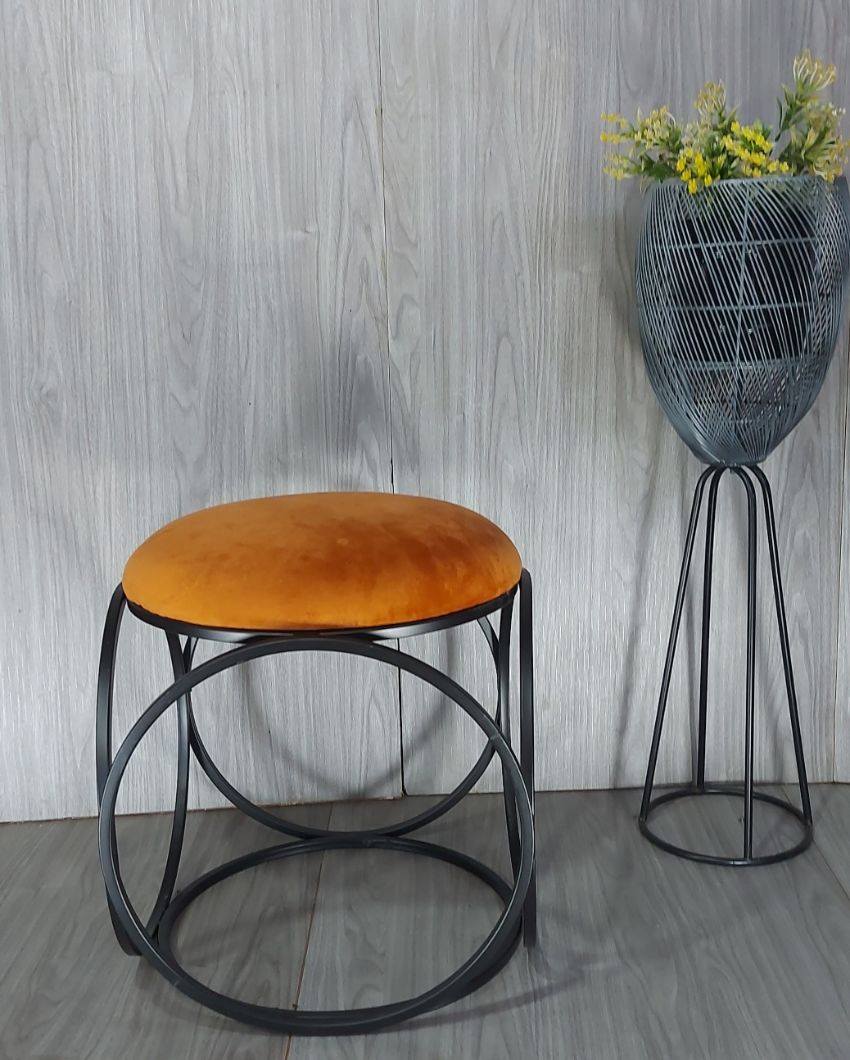 Black Six Ring Luxary Ottoman Stool With Cushion Mustard