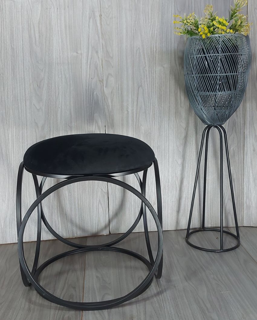 Black Six Ring Luxary Ottoman Stool With Cushion Black