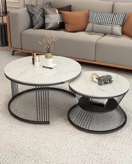 Damru Nesting Metal Table With Wood Top | Set Of 2 White & Black