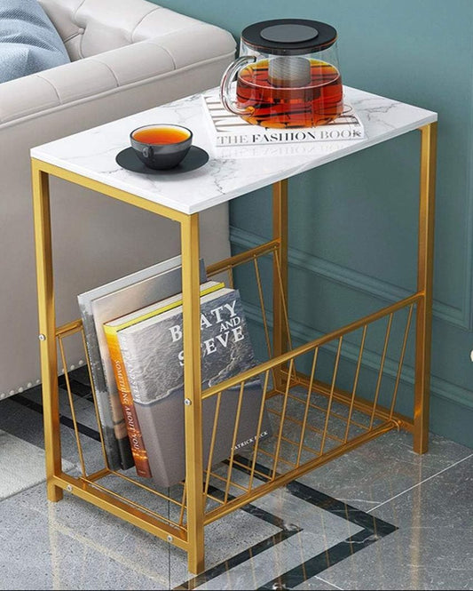 Gold Metal Table With Basket & Wood Top