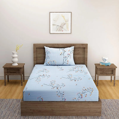 Blue Floral Glow Print Cotton Bedding Set With Pillow Covers | Single, Double Or King Size | 60 x 90 inches , 90 x 108 inches , 108 x 108 inches