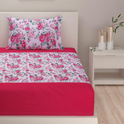Pink Floral Printed Cotton Bedding Set With Pillow Covers | Single Or Double Size|90x60Inches,90x108Inches