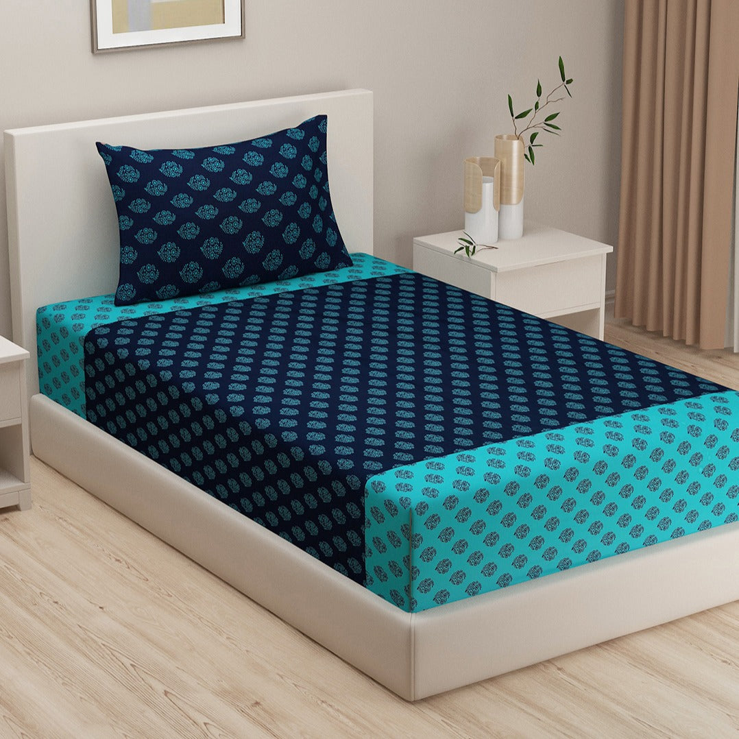 Turquoise Geometric Printed Cotton Bedding Set With Pillow Covers | Single, Double Fitted, Double Or King Size | 60 x 90 Inches , 72 x 78 Inches , 90 x 108 Inches , 108 x 108 Inches