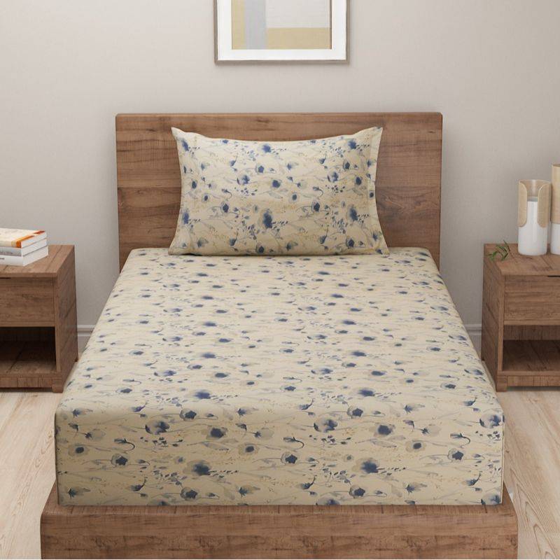 Chic Beige Floral Exclusive Print Cotton Satin Bedding Set Single Size