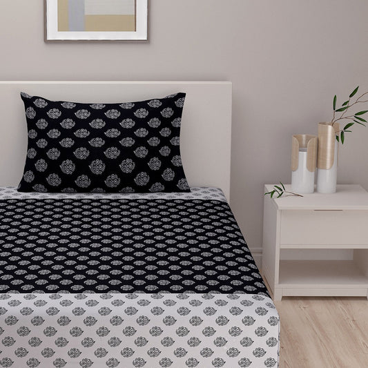 Black Geometric Printed Cotton Bedding Set With Pillow Covers | Single , Double Or King Size | 90 x 60 Inches , 90 x 108 inches , 108 x 108 Inches