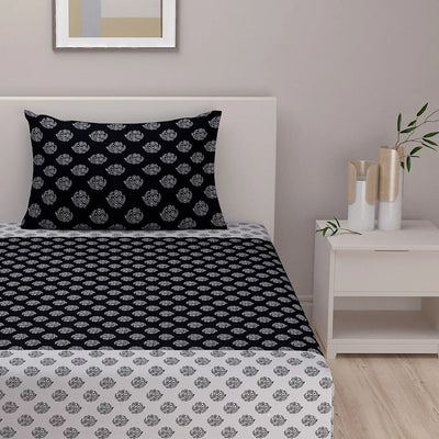 Black Geometric Printed Cotton Bedding Set With Pillow Covers | Single , Double Or King Size | 90 x 60 Inches , 90 x 108 inches , 108 x 108 Inches