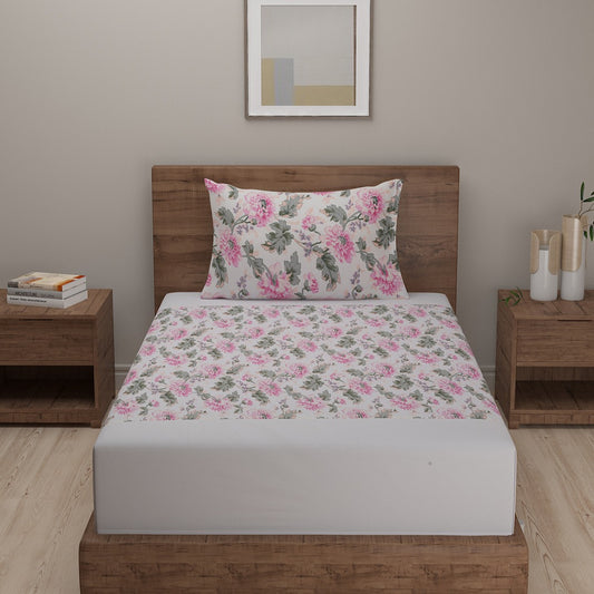 Cream Floral Printed Cotton Bedding Set With Pillow Covers | Single, Double Or King Size |  90x60 Inches, 90x108 Inches, 108x108 Inches