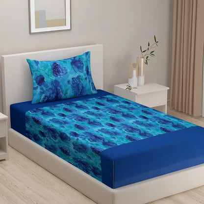 Blue Floral Shadow Print Cotton Bedding Set With Pillow Covers | Single Or King Size | 90 x 108 Inches , 108 x 108 Inches