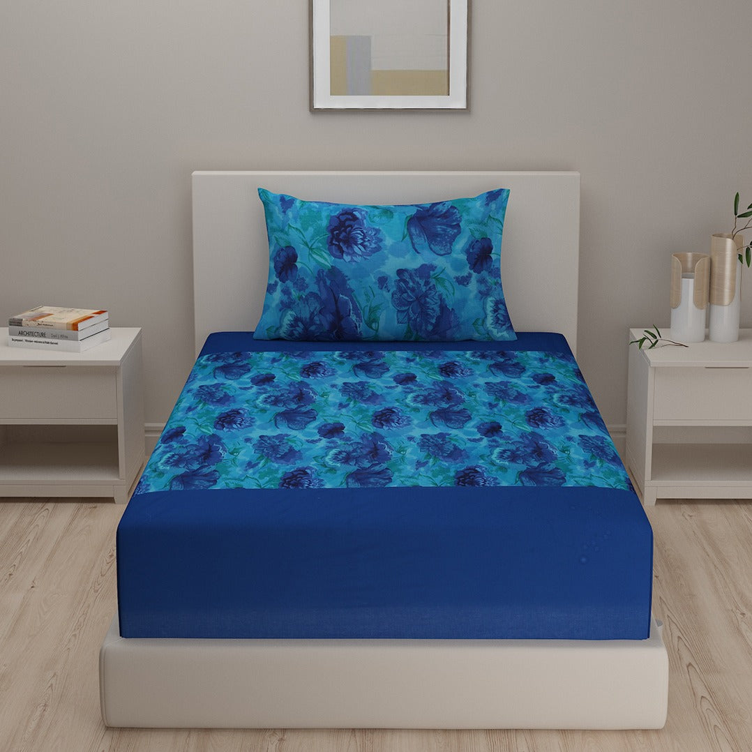 Blue Floral Shadow Print Cotton Bedding Set With Pillow Covers | Single Or King Size | 90 x 108 Inches , 108 x 108 Inches