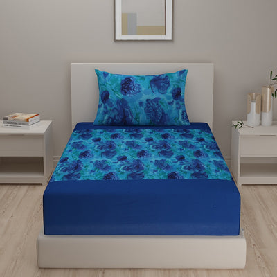 Blue Floral Shadow Print Cotton Bedding Set With Pillow Covers | Single Or King Size | 90 x 108 Inches , 108 x 108 Inches