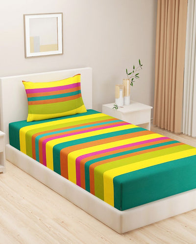 Green Magical Linea Striped Cotton Single Bedsheet With Pillow Cover | 90 x 60 inches