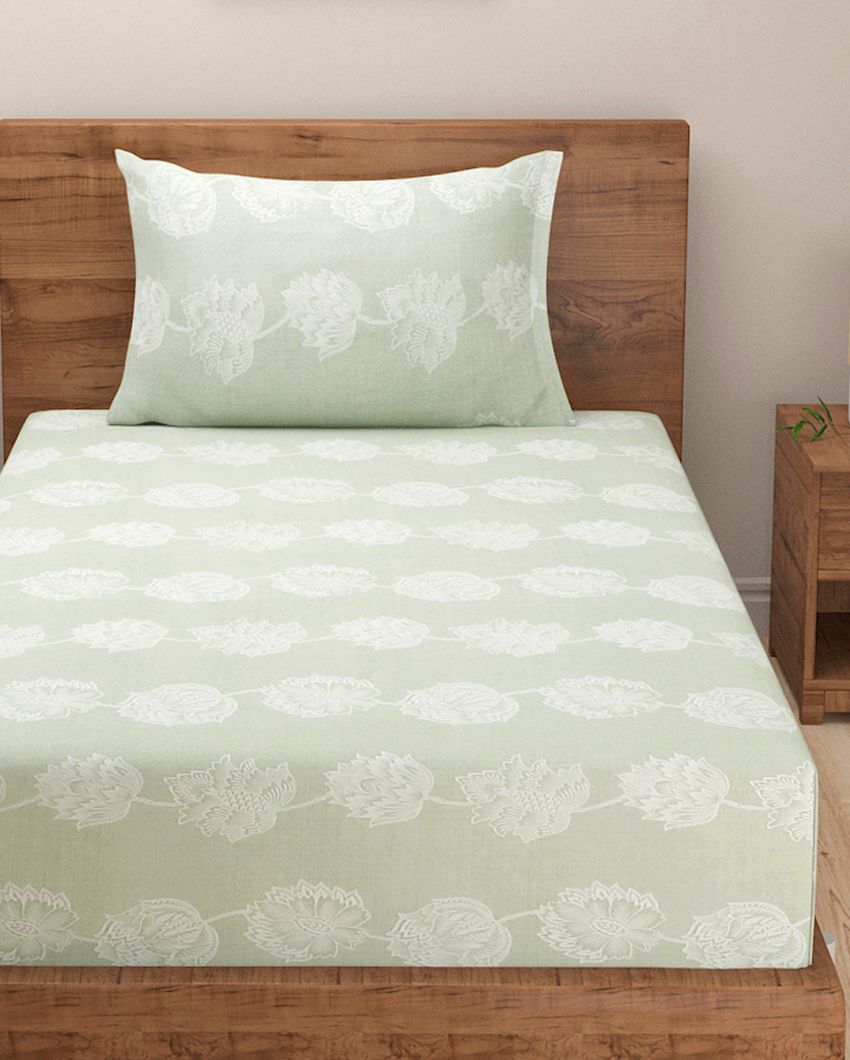 Green Floral Pastel Vogue Cotton Single Bedsheet With Pillow Cover | 90 x 60 inches