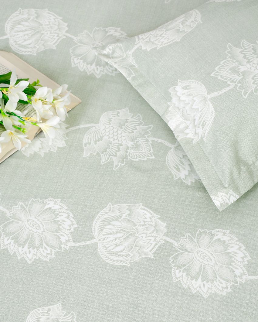 Green Floral Pastel Vogue Cotton Single Bedsheet With Pillow Cover | 90 x 60 inches