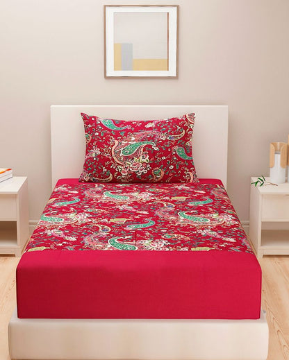 Red Floral Print Shades Of Paradise Pure Cotton Single Bedsheet With Pillow Cover | 90 x 60 inches