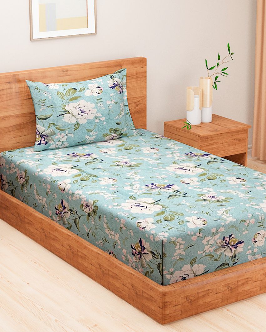 Sparkle Blue Floral Roto Cotton Single Bedsheet With 2 Pillow Covers | 90 x 60 inches