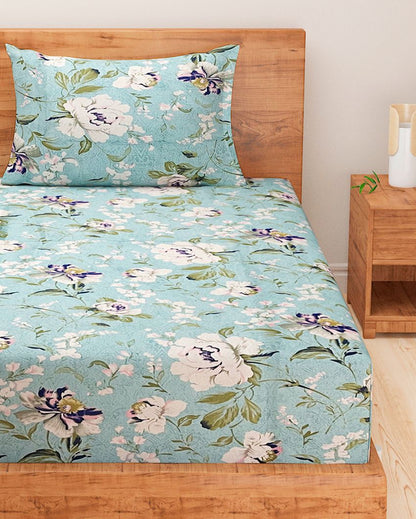 Sparkle Blue Floral Roto Cotton Single Bedsheet With 2 Pillow Covers | 90 x 60 inches