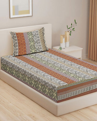 Orange Ethnic Motif Veda Cotton Single Bedsheet With Pillow Cover | 90 x 60 inches