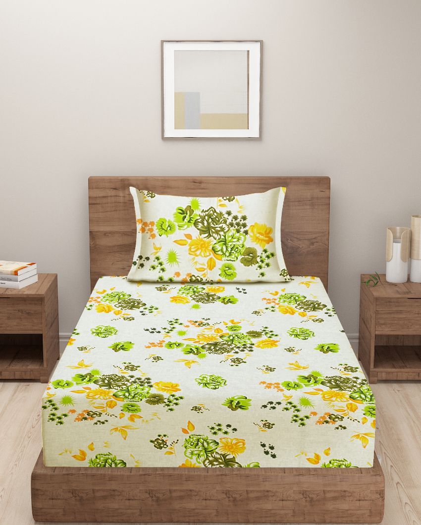 White Natural Veda Floral Print Pure Cotton Single Bedsheet With Pillow Cover | 90 x 60 inches