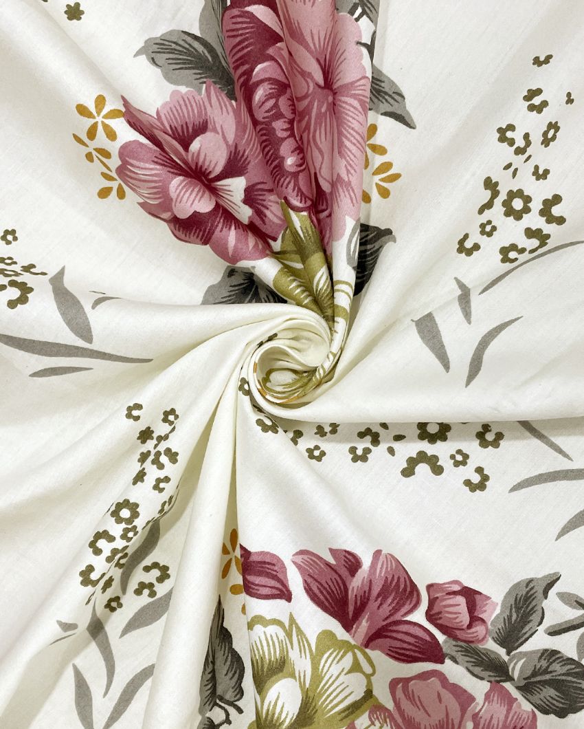 White and Neutral Floral Zinnia Microfiber Single Bedsheet With Pillow Cover | 90 x 60 inches