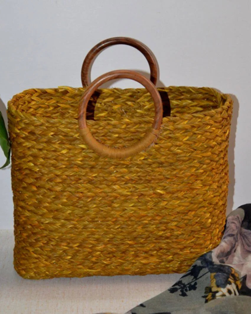 Charming Sabai Grass Hand Bag With Wooden Handle