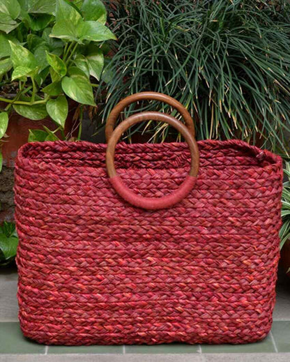 Charming Sabai Grass Hand Bag With Wooden Handle