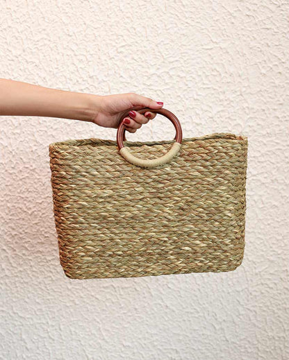 Charming Sabai Grass Hand Bag With Wooden Handle