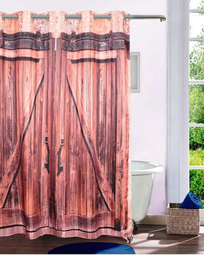 Wooden Door Printed Polyester Shower Curtains With 12 Metal Eyelets | 6 X 6.5 Ft