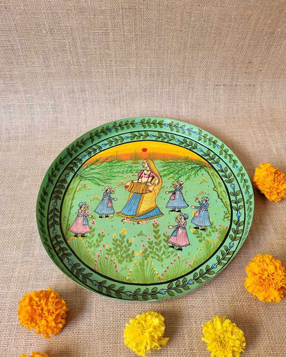 Forest Green Brass Puja Thali| Green | 33 x 2 cm /13 x 1 inches