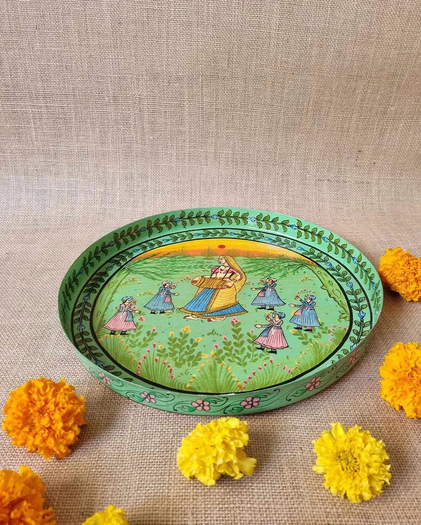 Forest Green Brass Puja Thali| Green | 33 x 2 cm /13 x 1 inches