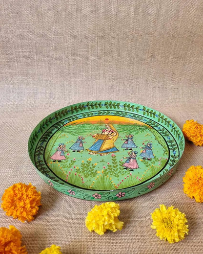 Forest Green Brass Puja Thali| Green | 33 x 2 cm /13 x 1 inches