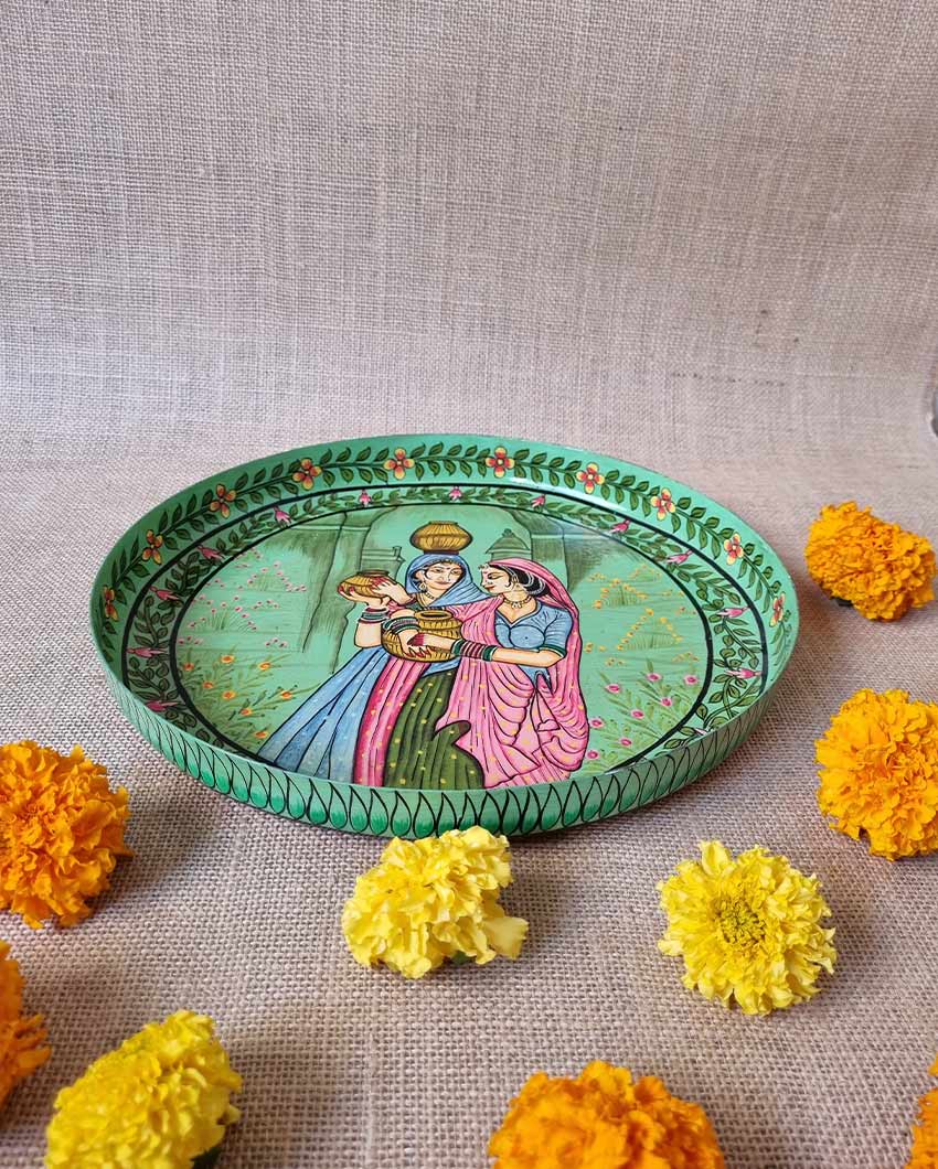 Sage Green Brass Puja Thali | Green|30 x 2 cm / 12 x 1 inches