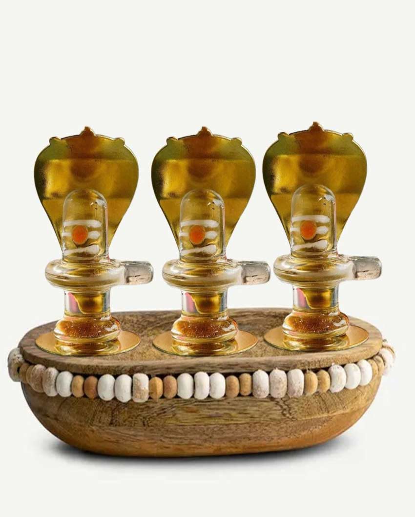 Sacred Crystal Shivling with Vasuki & Trishul Figurine | Set of 3 | 3 x 2 inches