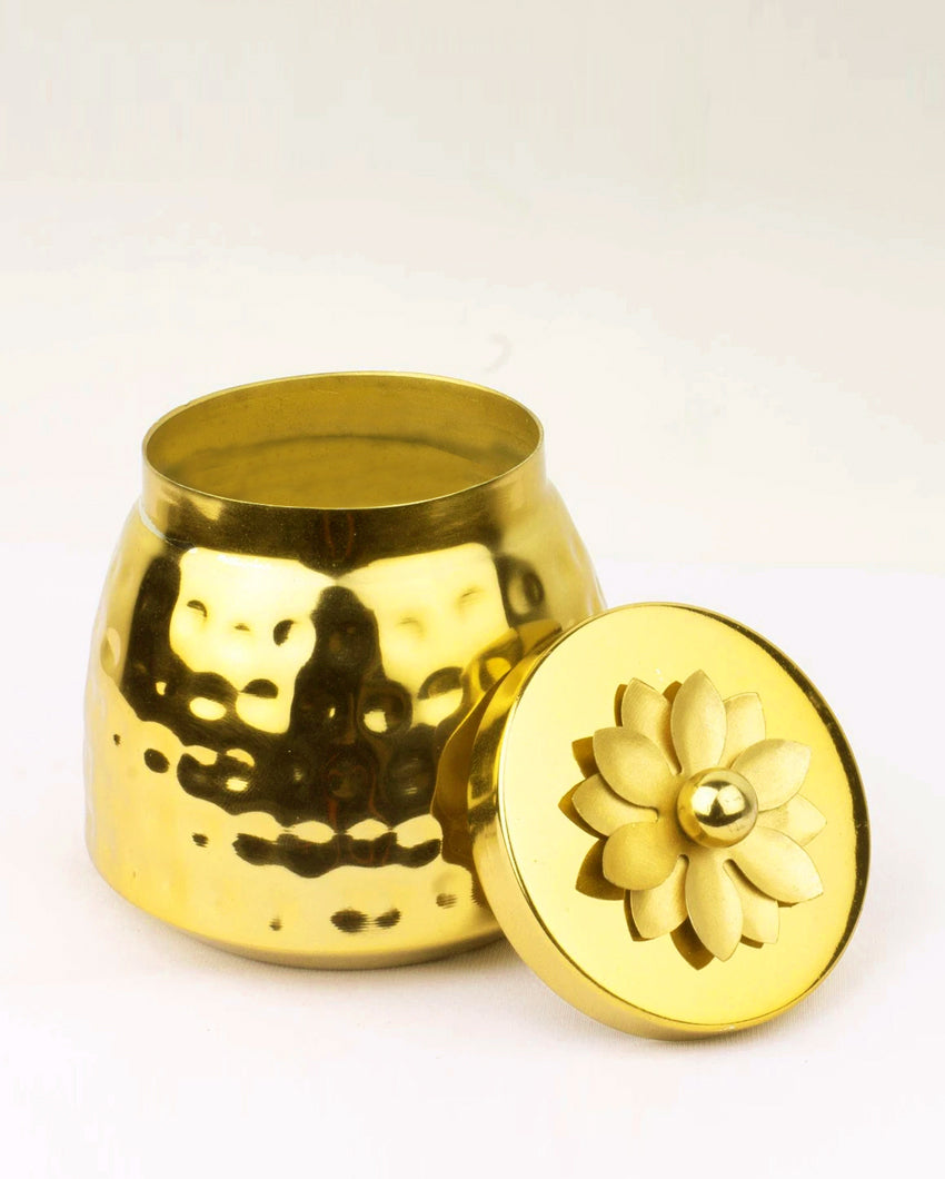 Hammered Metal Jar with Flower Top LID | 350 ml | Set of 2 Gold