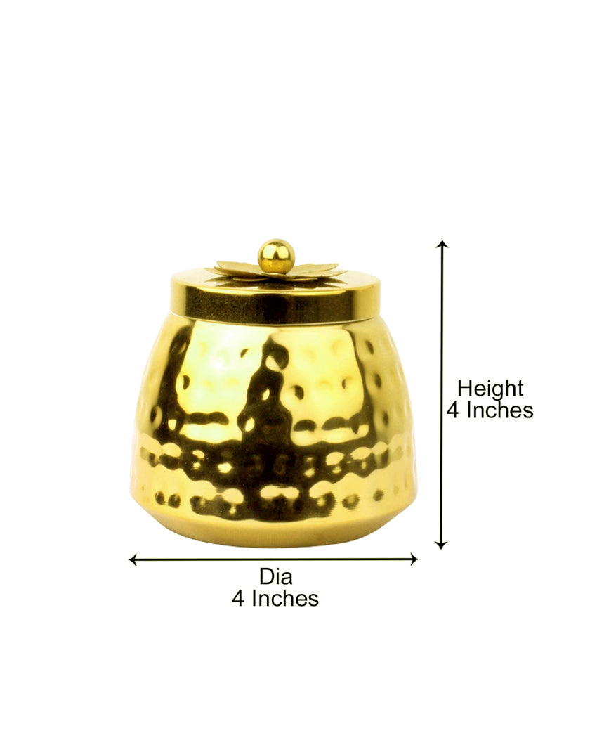 Hammered Metal Jar with Flower Top LID | 350 ml | Set of 2 Gold